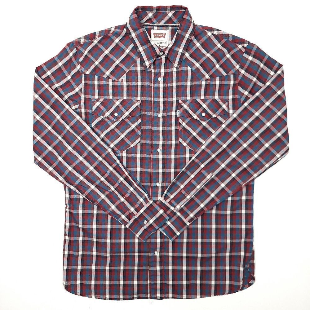Levis Pearl Snap Western Plaid Button Shirt Mens Small Red Blue USA Rodeo